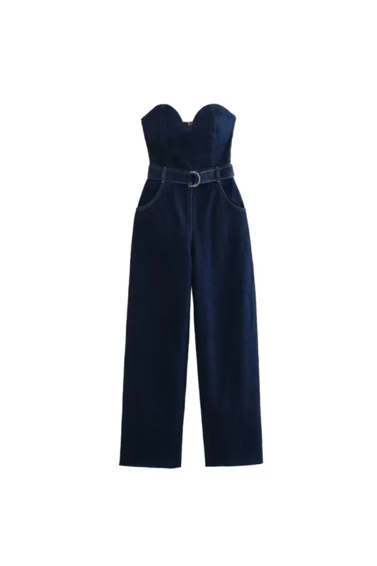 'Violet' Heart-Neck Halter Denim Jumpsuit sold by Goodnight Macaroon