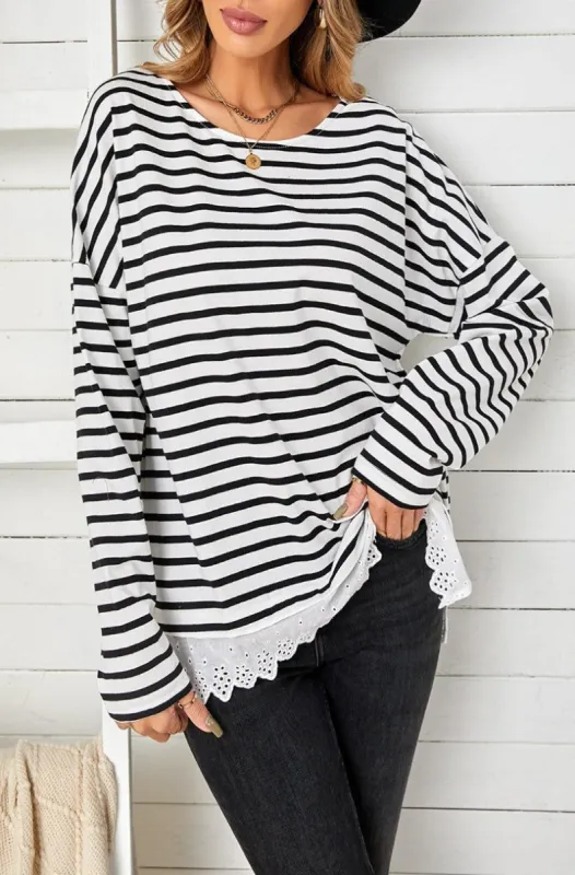 'Amanda' Striped Long Sleeve Lace Trim Top sold by Goodnight Macaroon