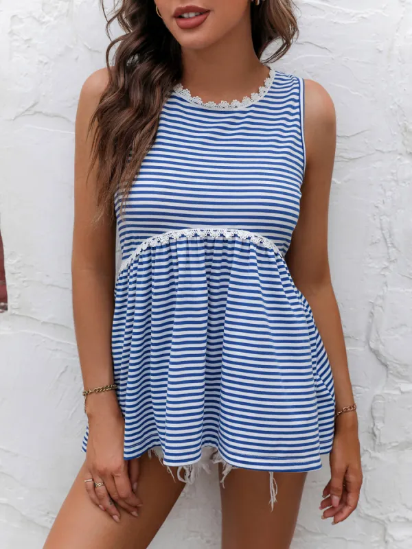 'Pia' Striped Lace Trim Round Neck Tank made by Goodnight Macaroon