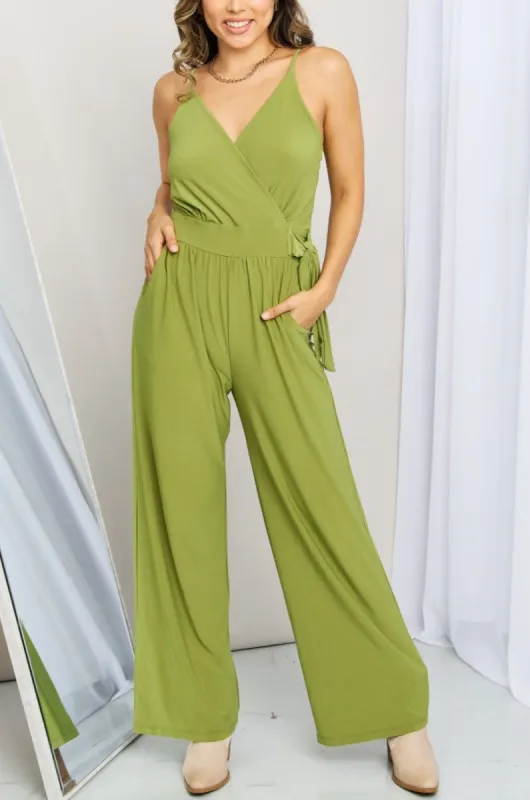 'Karlie' Full Size Tied Spaghetti Strap Surplice Jumpsuit in Olive sold by Goodnight Macaroon