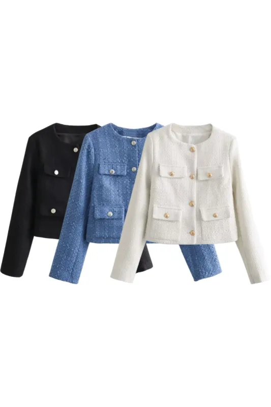 ' Brian' Textured Padded-Shoulder Round-Neck Jacket sold by Goodnight Macaroon