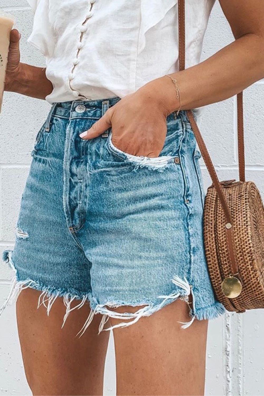 'Emma' Button Ripped Denim Shorts sold by Goodnight Macaroon