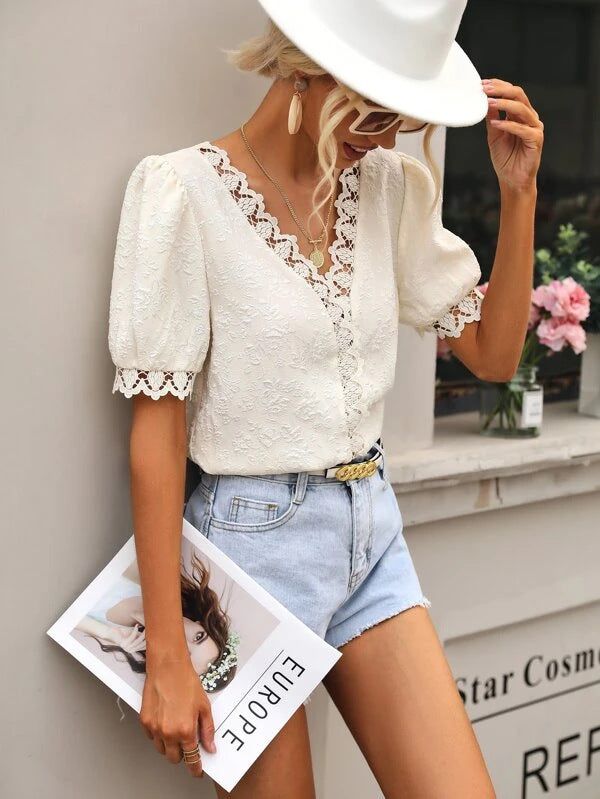 Jacquard V-Neck Blouse #157915 sold by Goodnight Macaroon product image thumbnail 2