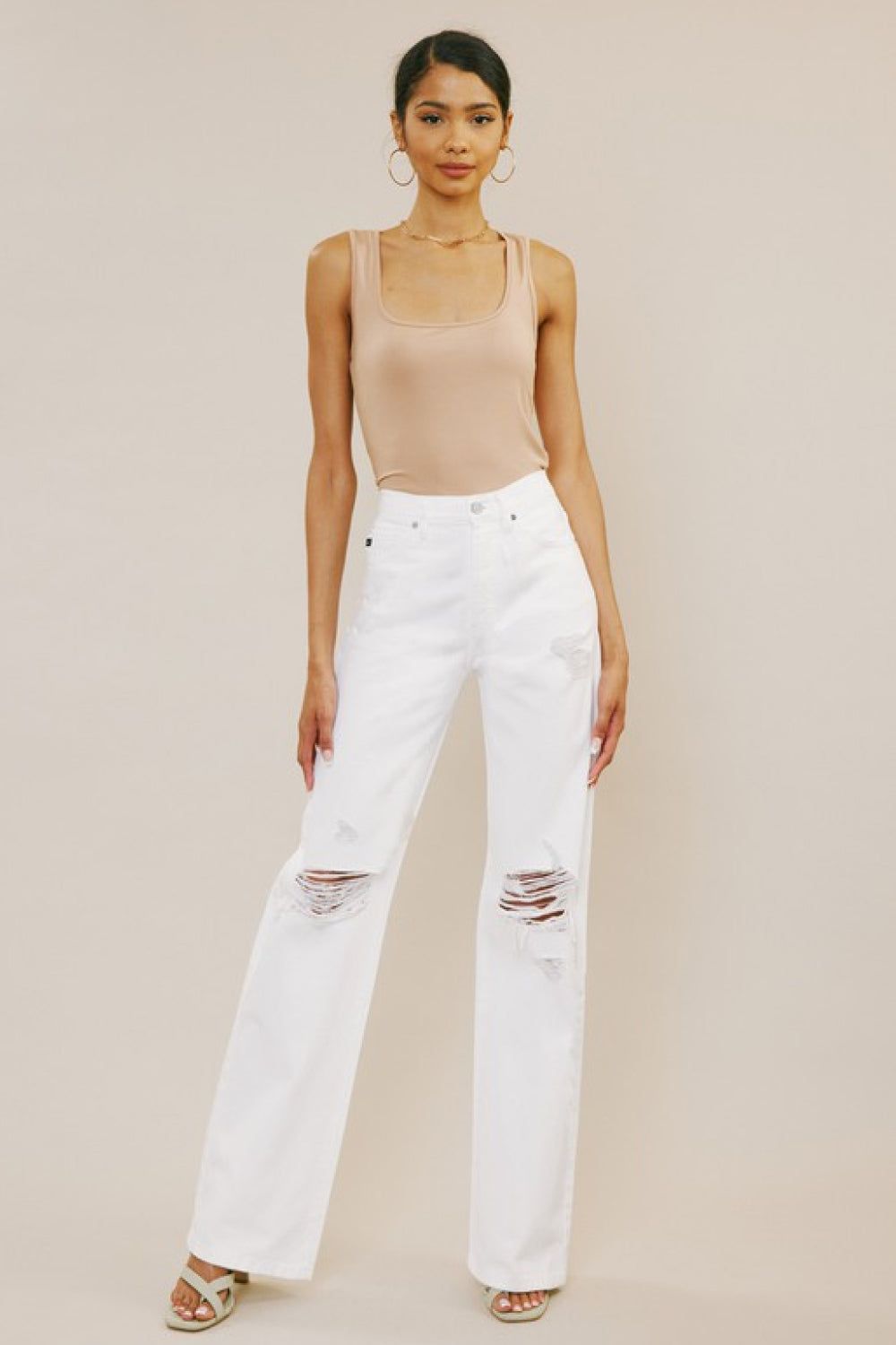 Kancan High-Rise Distressed Flare Jeans in White #17428 sold by Goodnight Macaroon product image thumbnail 4