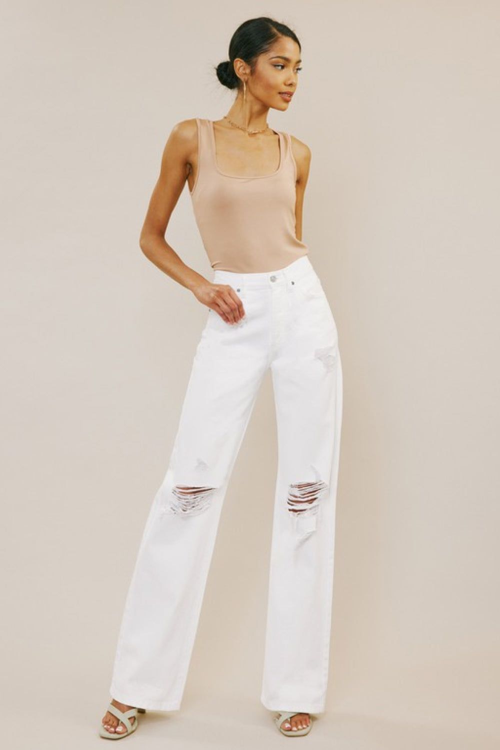 Kancan High-Rise Distressed Flare Jeans in White #17428 sold by Goodnight Macaroon product image thumbnail 3