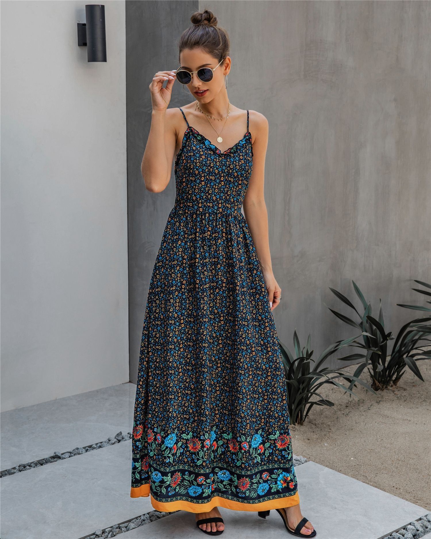Bohemian Spaghetti Strap Frill Trim V-Neck Maxi Dress #166798 sold by Goodnight Macaroon product image thumbnail 6