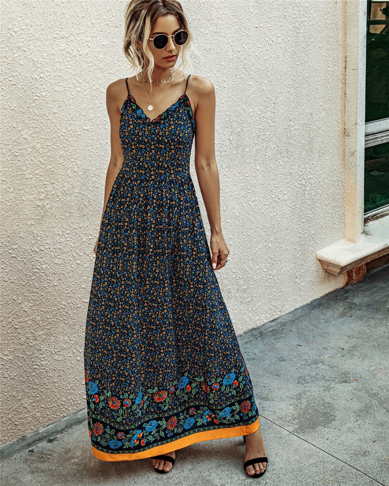 Bohemian Spaghetti Strap Frill Trim V-Neck Maxi Dress #166798 sold by Goodnight Macaroon product image thumbnail 3