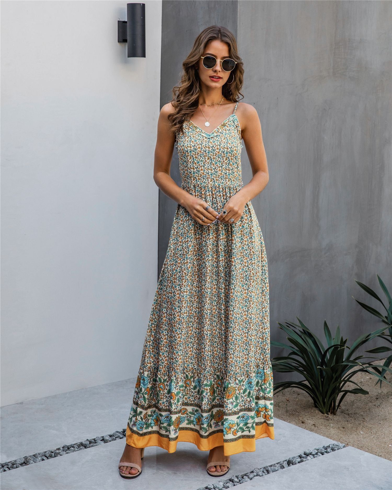 Bohemian Spaghetti Strap Frill Trim V-Neck Maxi Dress #166798 sold by Goodnight Macaroon product image thumbnail 4
