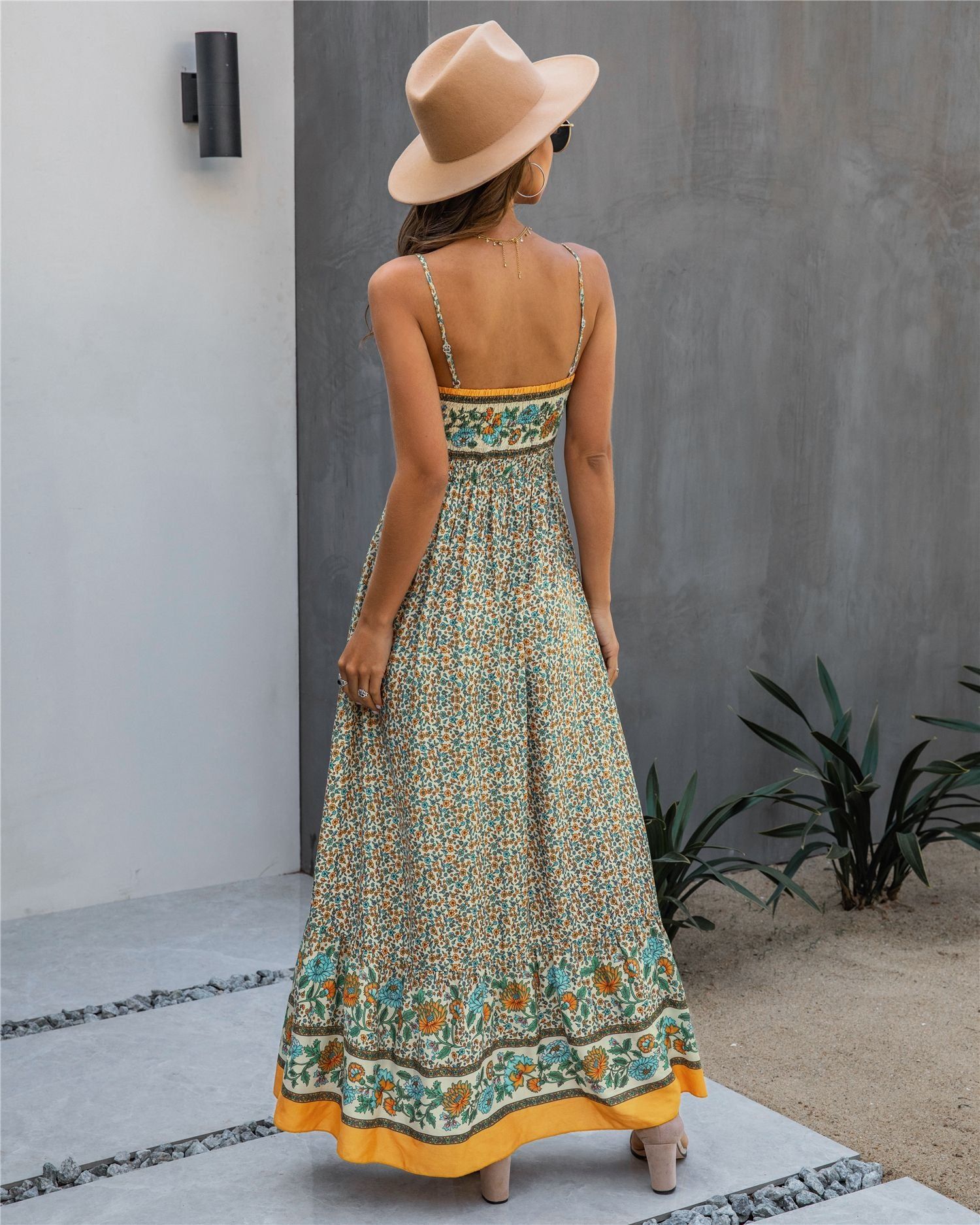 Bohemian Spaghetti Strap Frill Trim V-Neck Maxi Dress #166798 sold by Goodnight Macaroon product image thumbnail 5