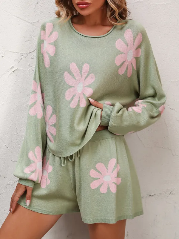 Floral Print Raglan Sleeve Knit Top and Tie Front Sweater Shorts Set sold by Goodnight Macaroon