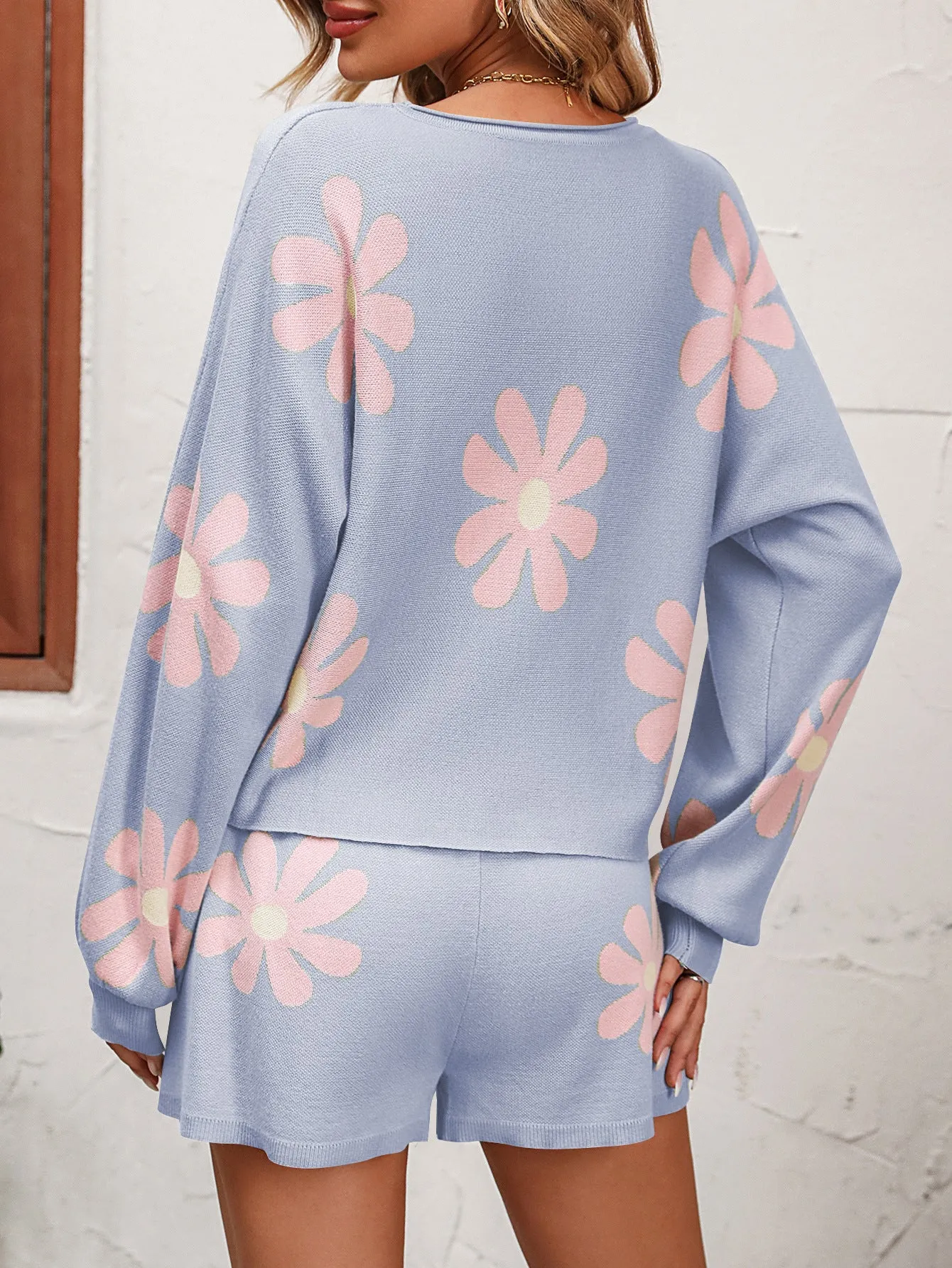Floral Print Raglan Sleeve Knit Top and Tie Front Sweater Shorts Set sold by Goodnight Macaroon product image thumbnail 2