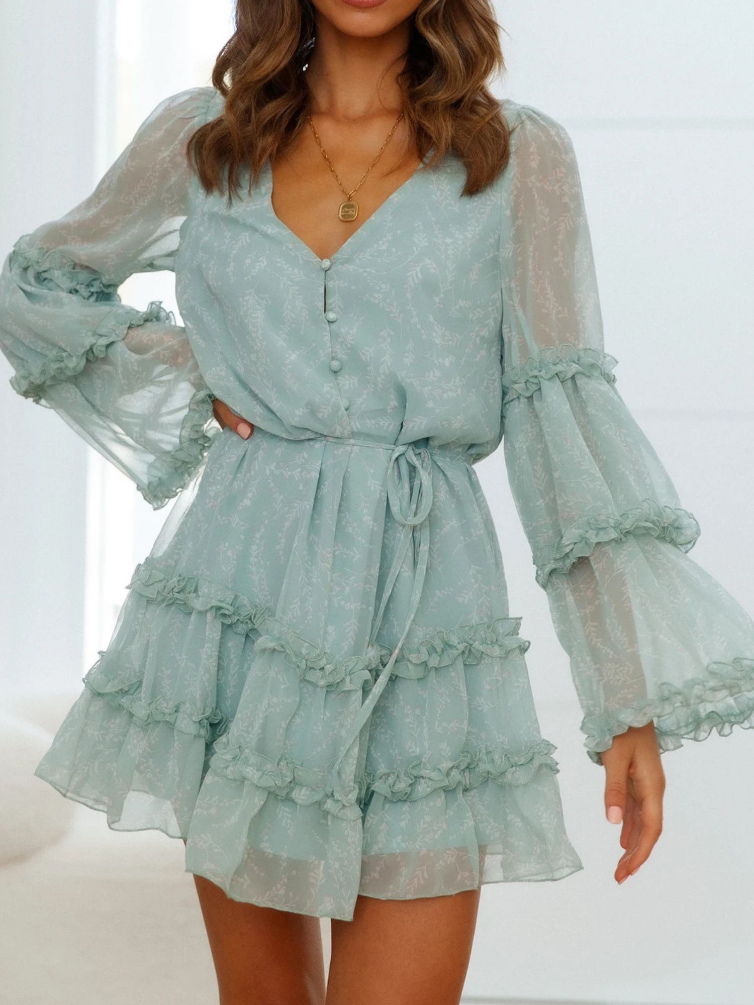 'Hannah' V-neck Floral Printed Frilled Mini Dress (3 Colors) sold by Goodnight Macaroon