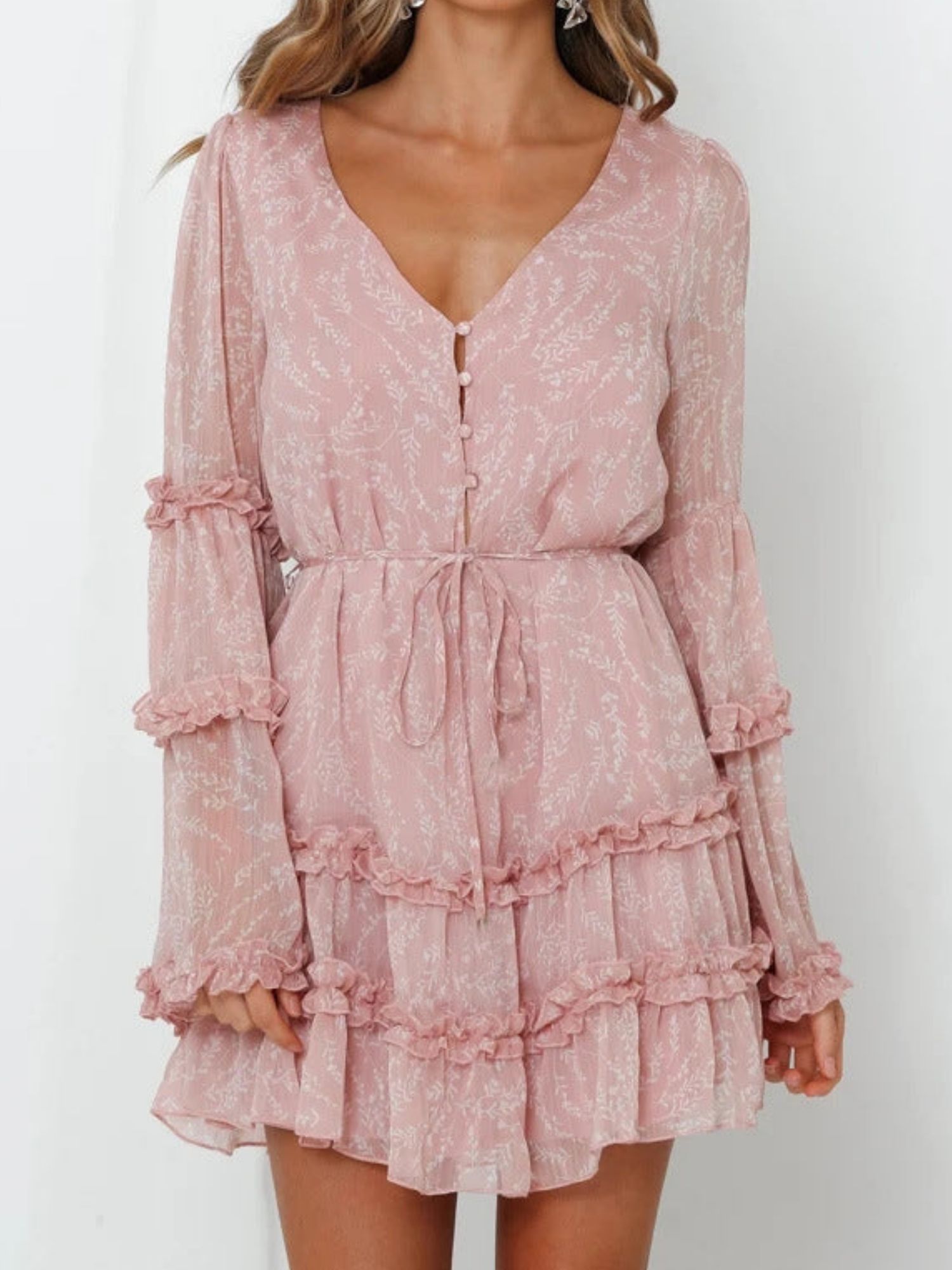 'Hannah' V-neck Floral Printed Frilled Mini Dress (3 Colors) sold by Goodnight Macaroon product image thumbnail 2