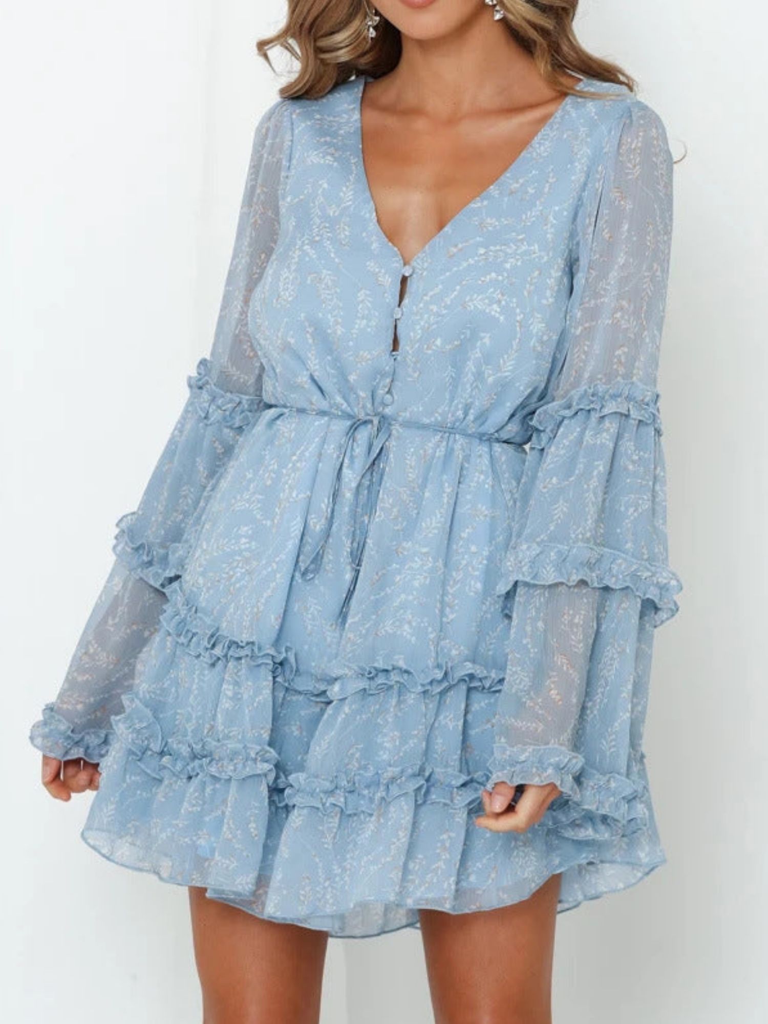 'Hannah' V-neck Floral Printed Frilled Mini Dress (3 Colors) sold by Goodnight Macaroon product image thumbnail 3