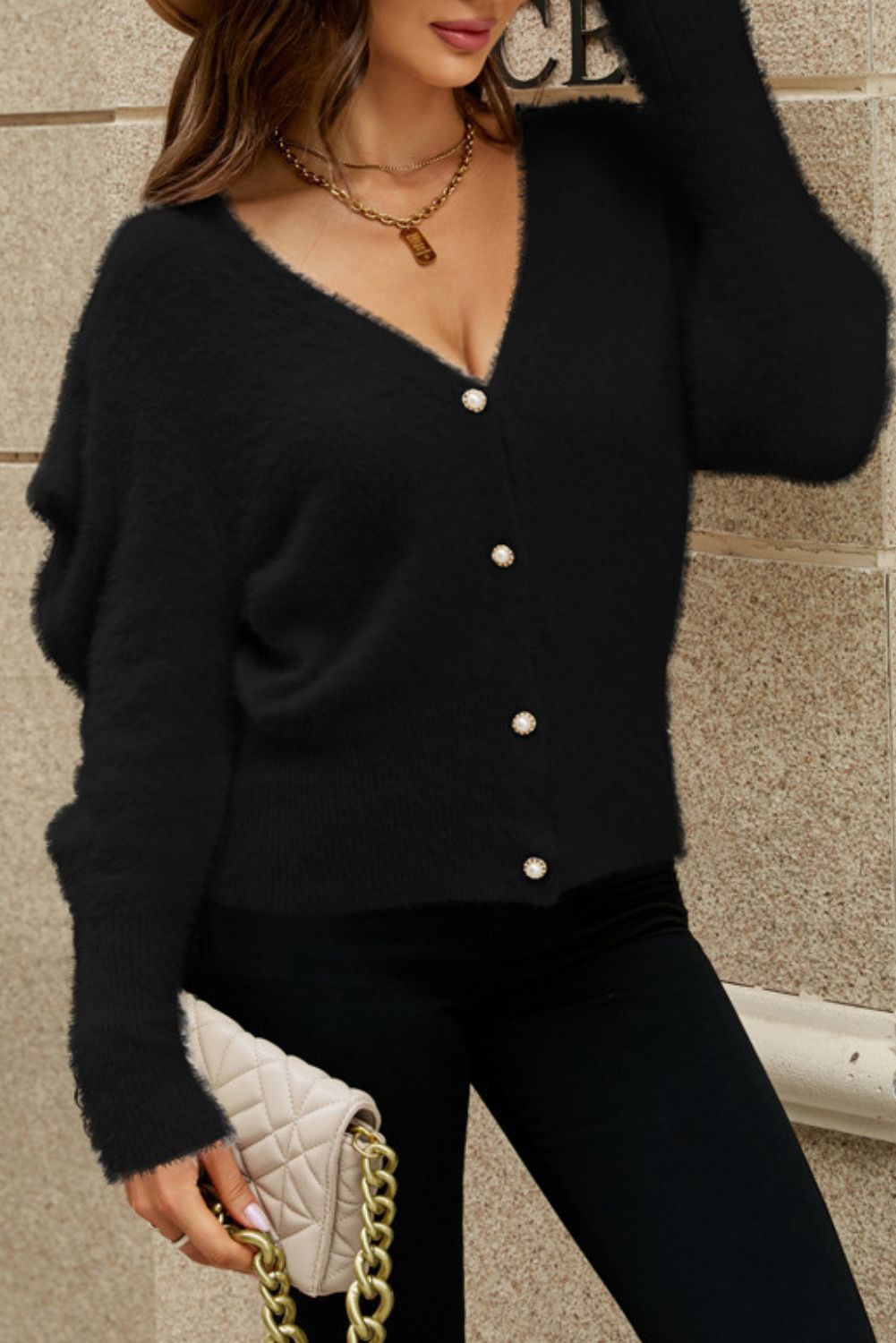 'Talya' V-neck Mohair Knitted Cardigan (3 COLORS) sold by Goodnight Macaroon product image thumbnail 5