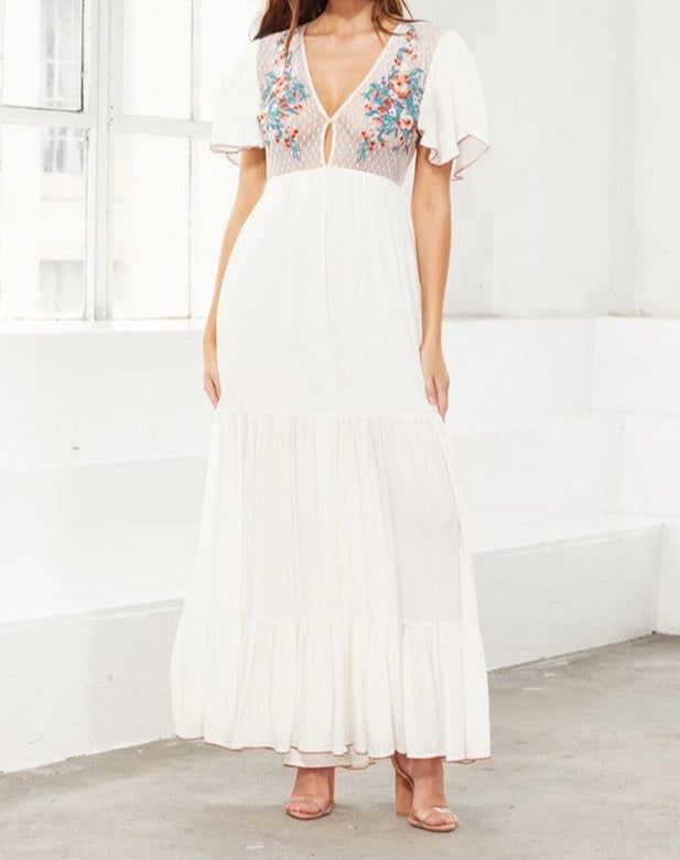 Embroidery V-Neck Maxi Dress #095545 sold by Goodnight Macaroon