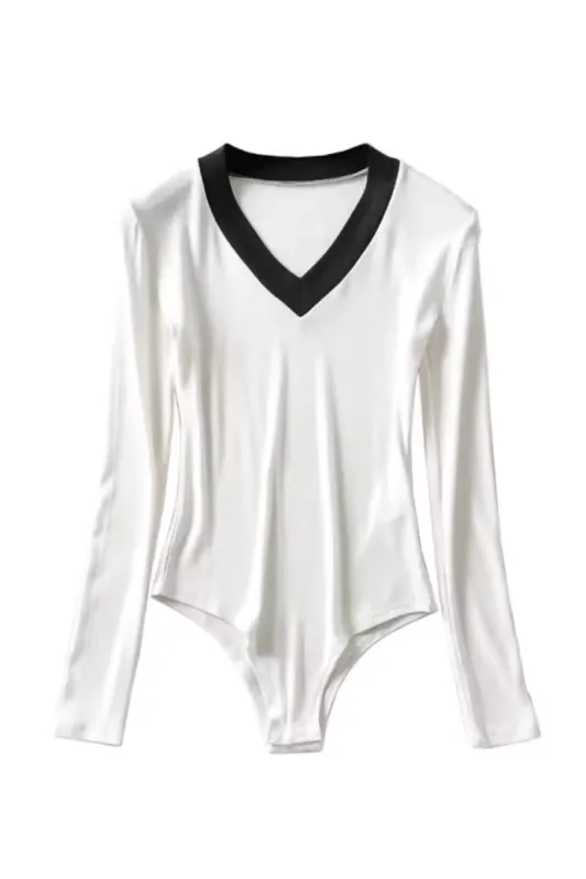 'Carmela' V-neck Contrast Trim Long Sleeved Bodysuit (4 Colors) made by Goodnight Macaroon