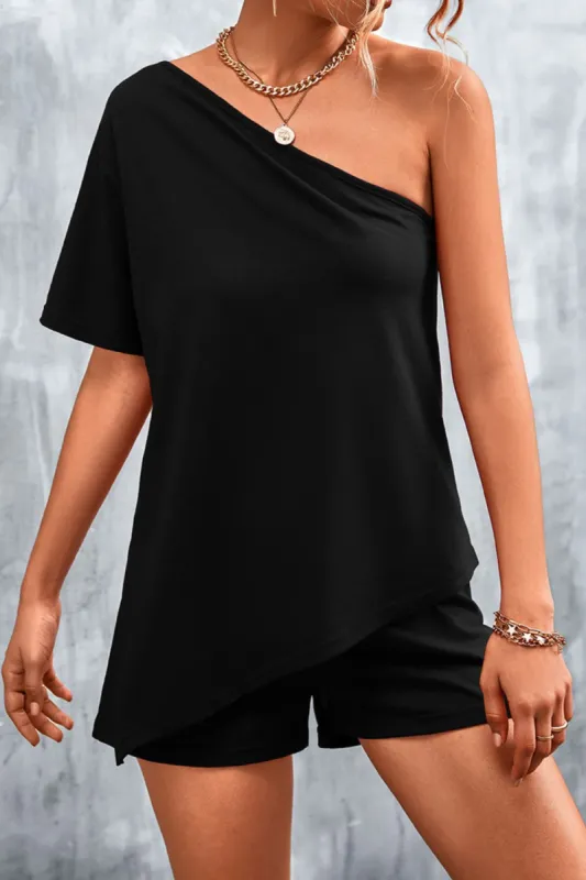 'Anisa'  Oblique Shoulder Shorts Suit (4 COLORS) sold by Goodnight Macaroon