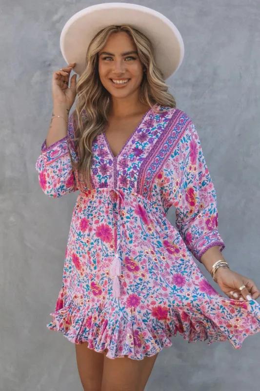 'Jenna' V-neck Bohemian Print Pink Tassel Dress sold by Goodnight Macaroon