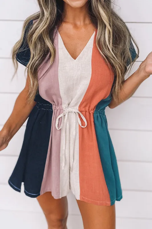 'Megan' V-neck Drawstring Striped Color Block Romper made by Goodnight Macaroon