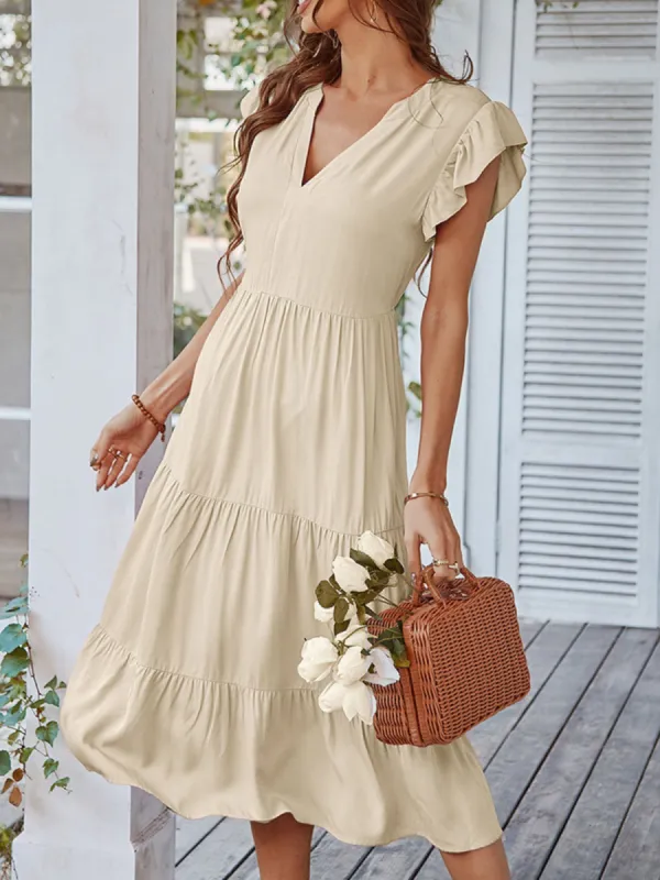 'Jess' V-neck Ruffle Sleeve Midi Flare Dress (4 Colors) made by Goodnight Macaroon