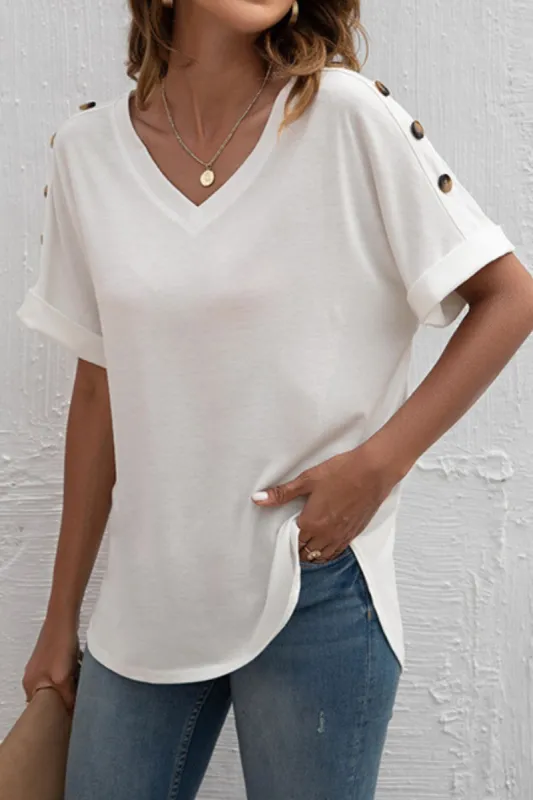 'Heather' Loose V-neck Buttoned Sleeve T-shirt (4 Colors) sold by Goodnight Macaroon