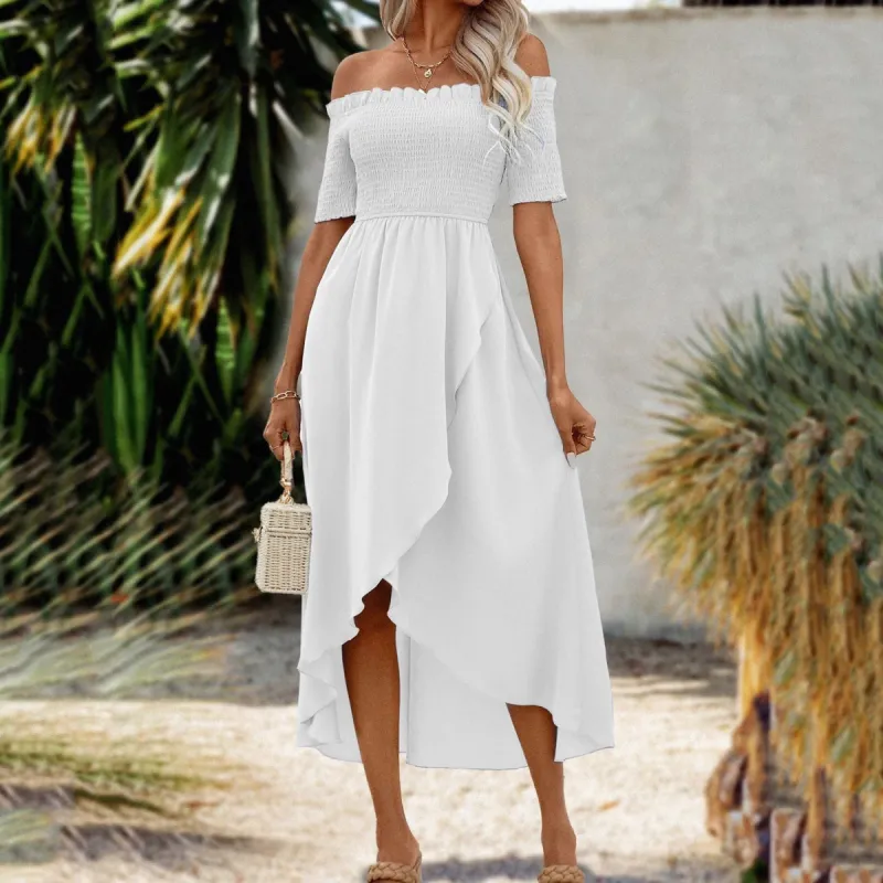 'Omelia' Off Shoulder Smocked Split Dress #174404 made by Goodnight Macaroon
