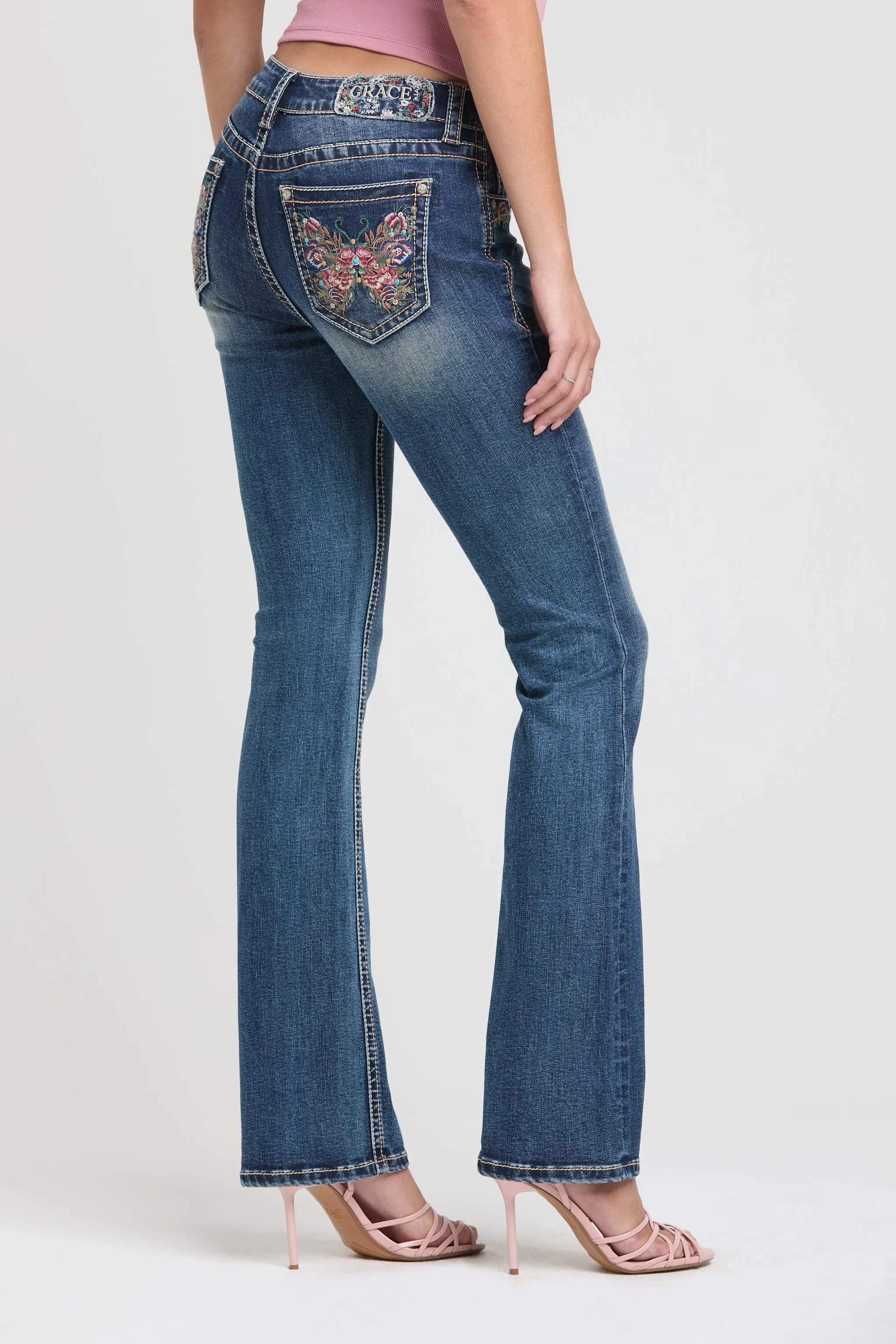 Butterfly Embroidery Bootcut Jeans sold by Grace in LA