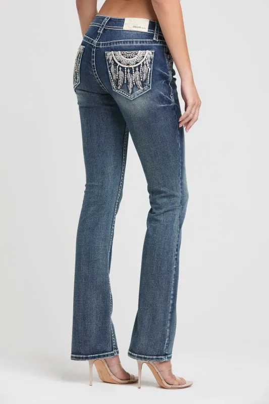 Feather Necklace Embroidery Bootcut Jeans made by Grace in LA