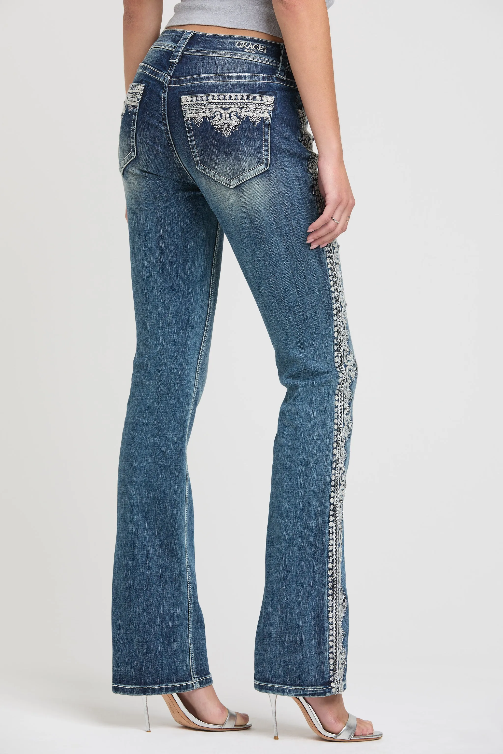 Side Embroidery Detail Bootcut Jeans sold by Grace in LA