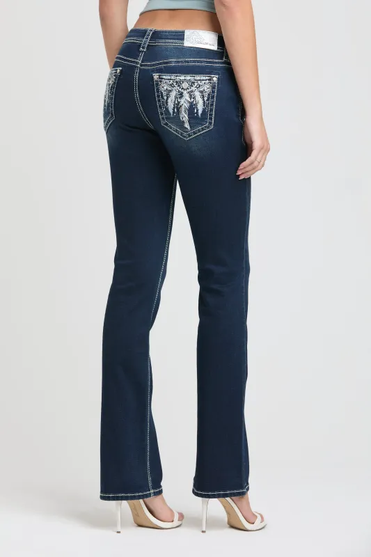 Feather Motif Mid Rise Bootcut Jeans made by Grace in LA