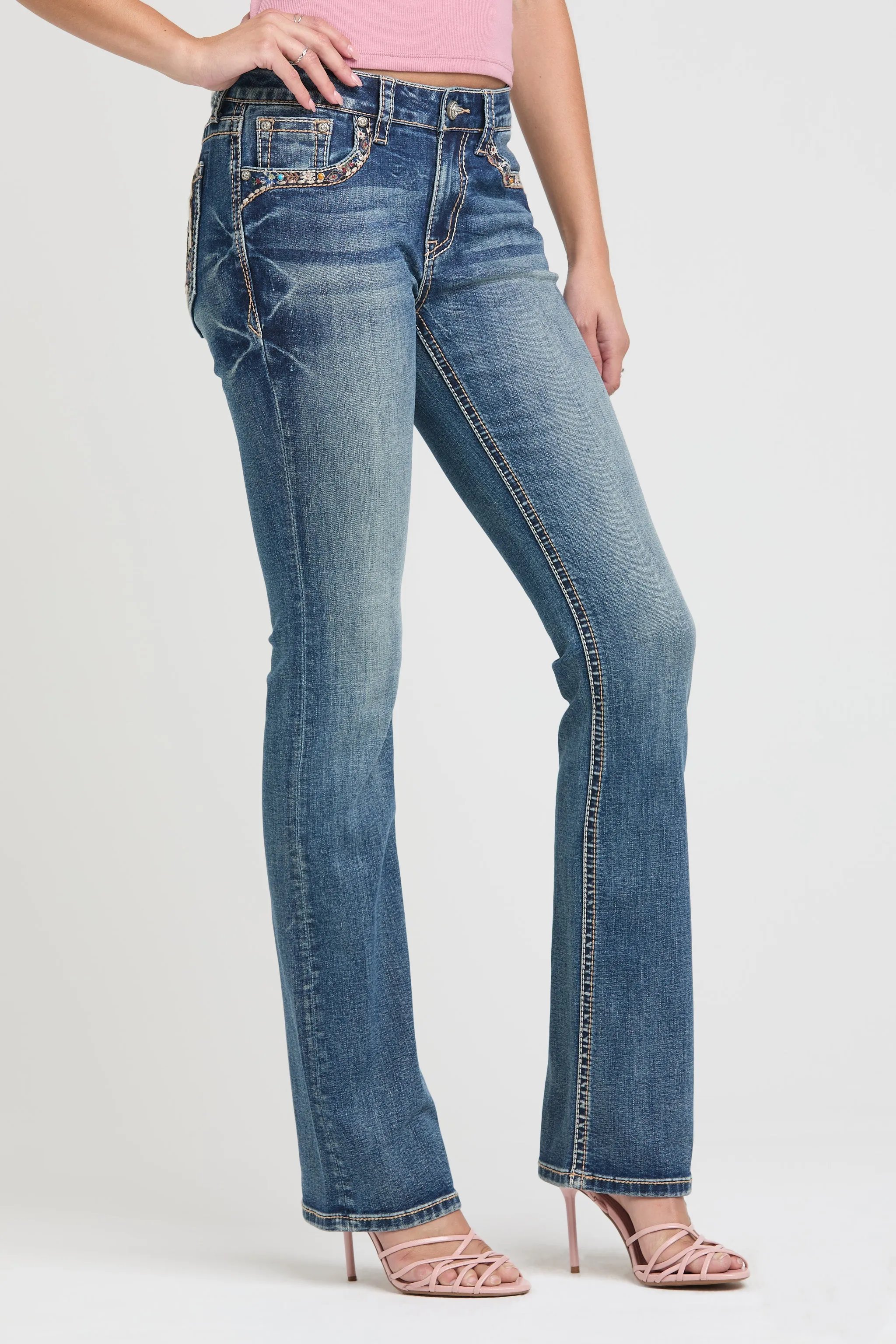 Horse Shoe/Floral Embroidery Mid Rise Bootcut Embroidered Jeans sold by Grace in LA product image thumbnail 4