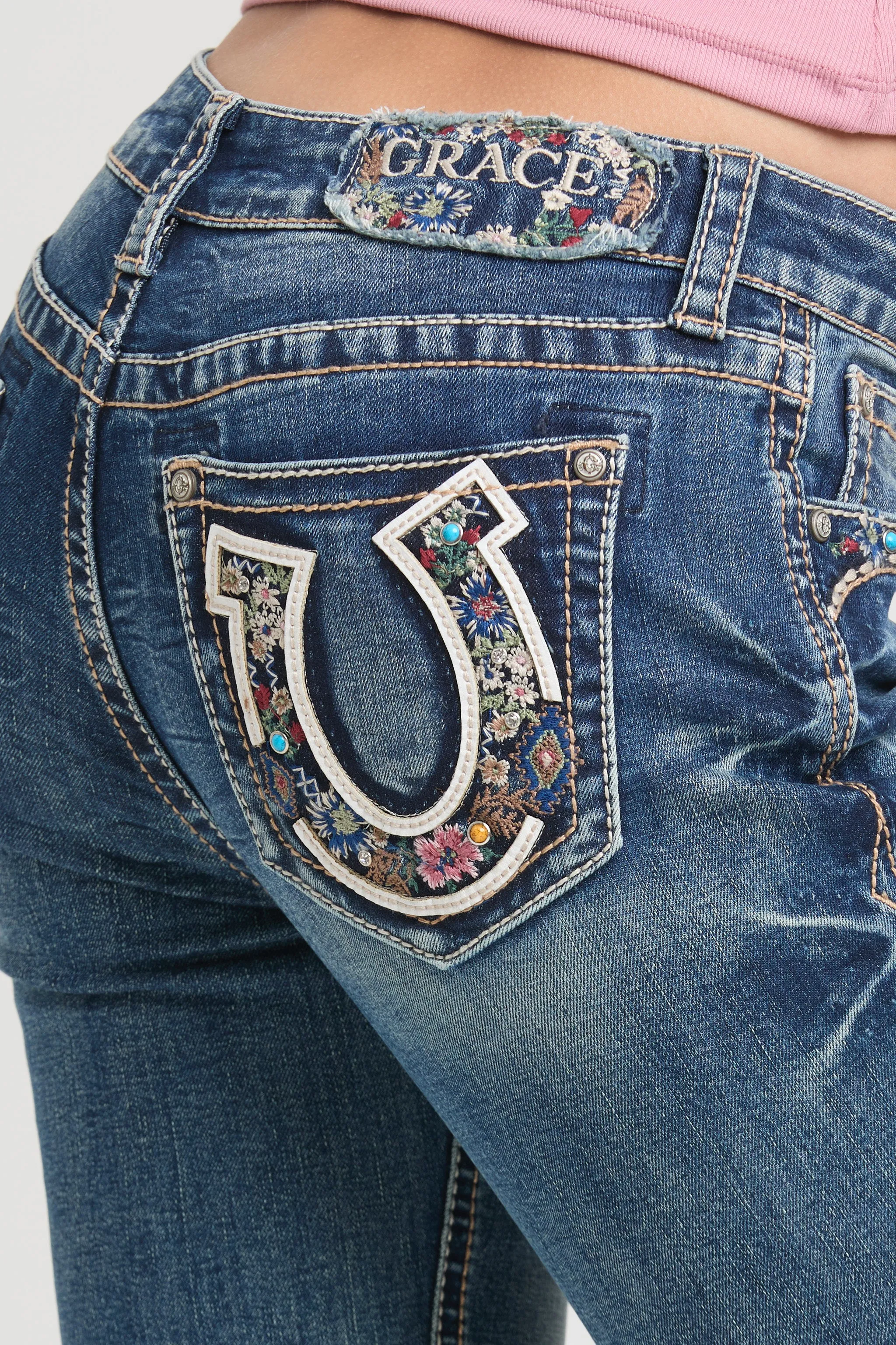 Horse Shoe/Floral Embroidery Mid Rise Bootcut Embroidered Jeans sold by Grace in LA product image thumbnail 2