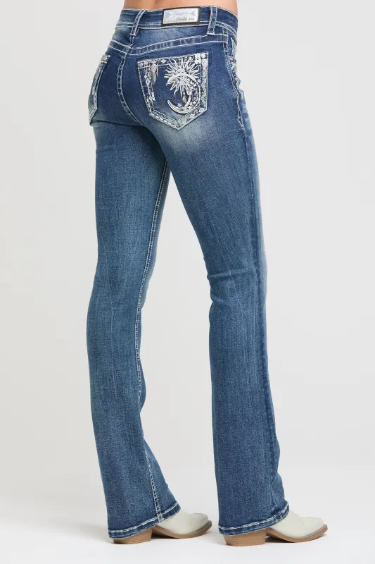 Sun & Moon Embroidery Bootcut Jeans made by Grace in LA