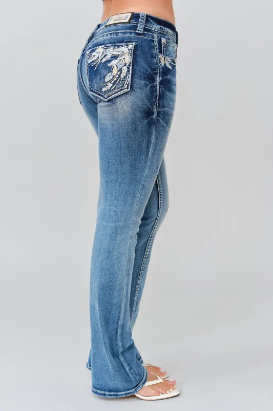 White Leaves Embroidered Bootcut Jeans made by Grace in LA