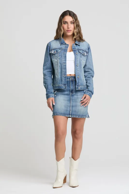Floral Blue Embroidered Denim Jacket made by Grace in LA