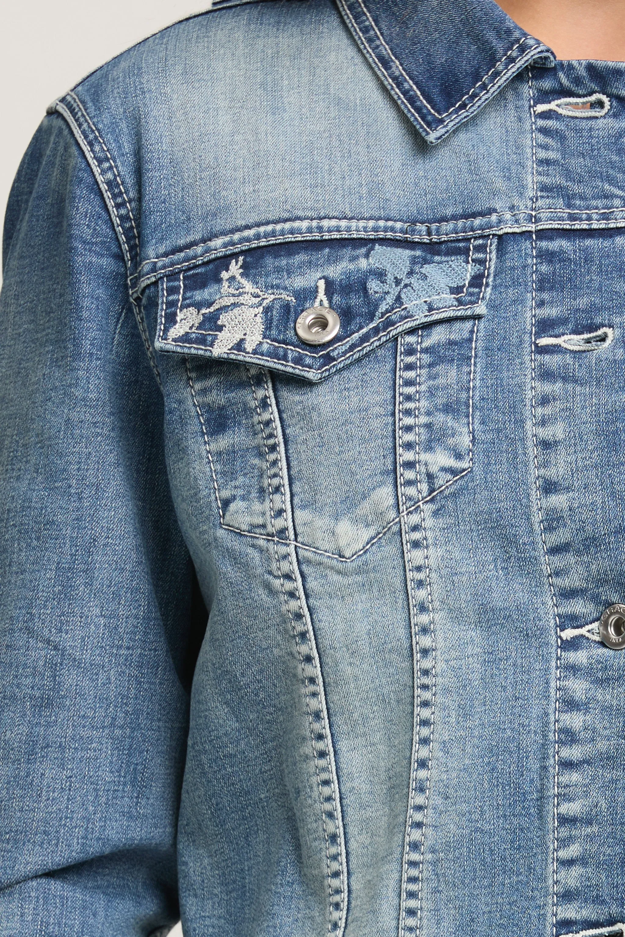 Floral Blue Embroidered Denim Jacket sold by Grace in LA product image thumbnail 4