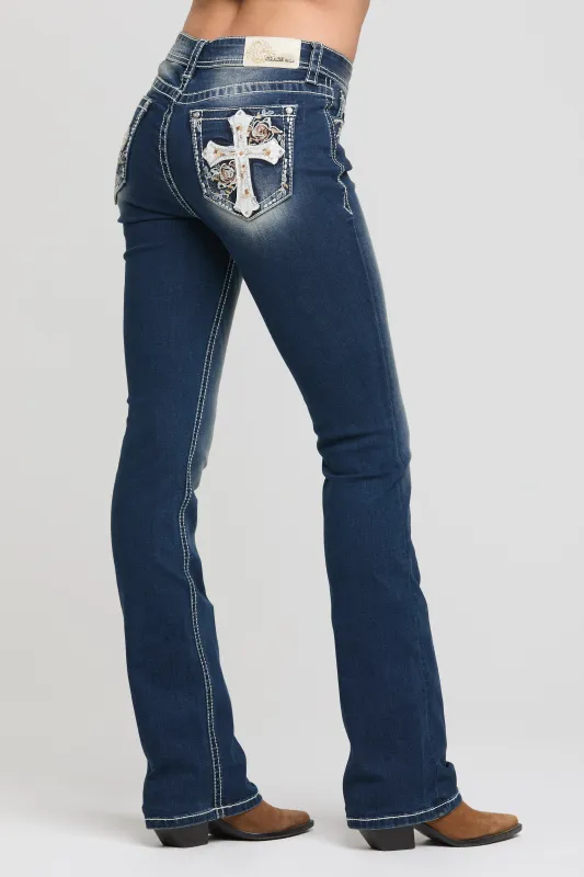 Cross/Floral Bootcut Jeans made by Grace in LA