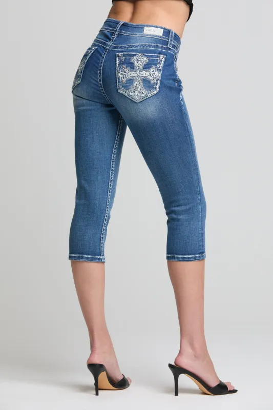 Cross Embroidery Capri Jeans made by Grace in LA