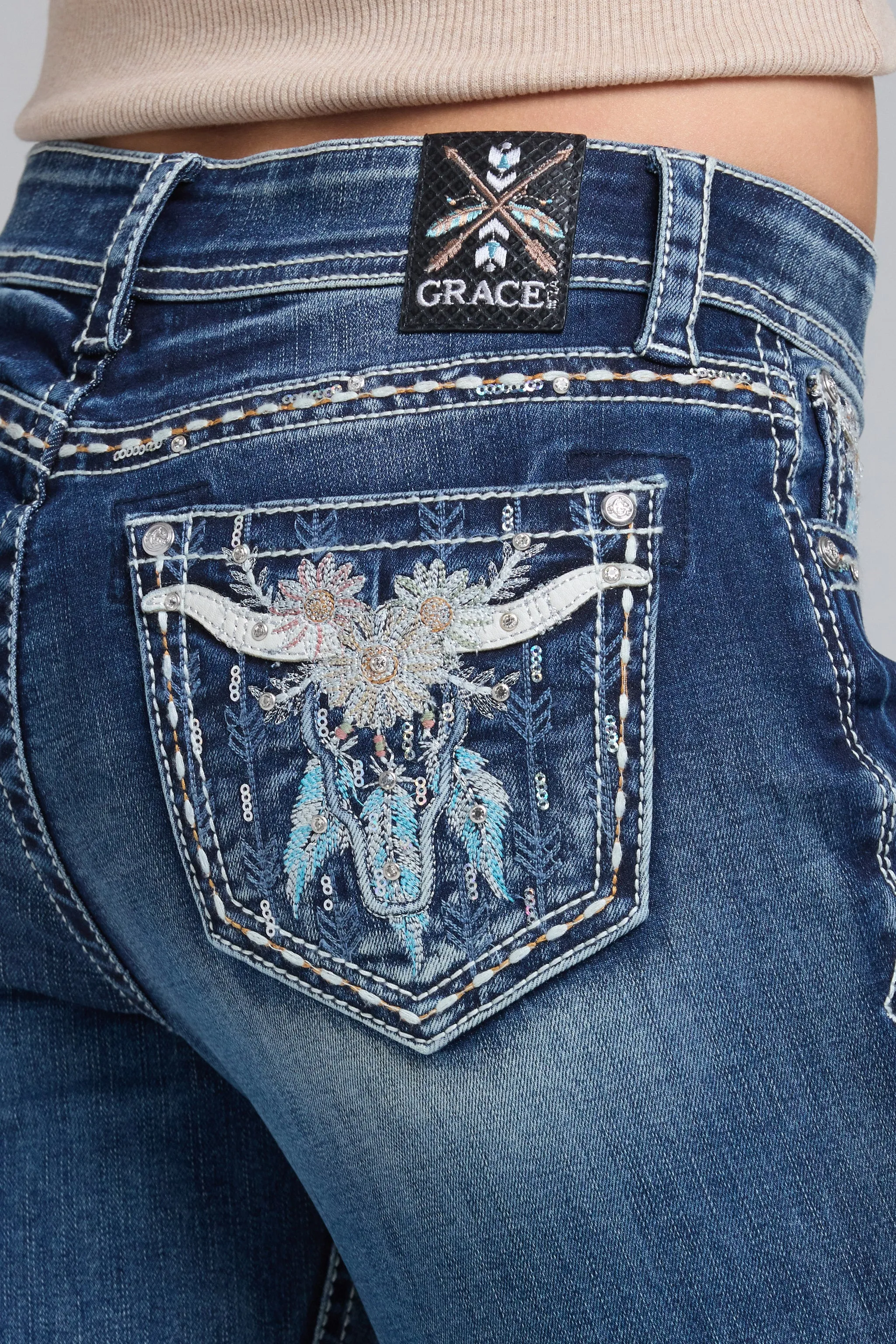Steer Head/Floral Embroidered Bootcut Jeans sold by Grace in LA product image thumbnail 2