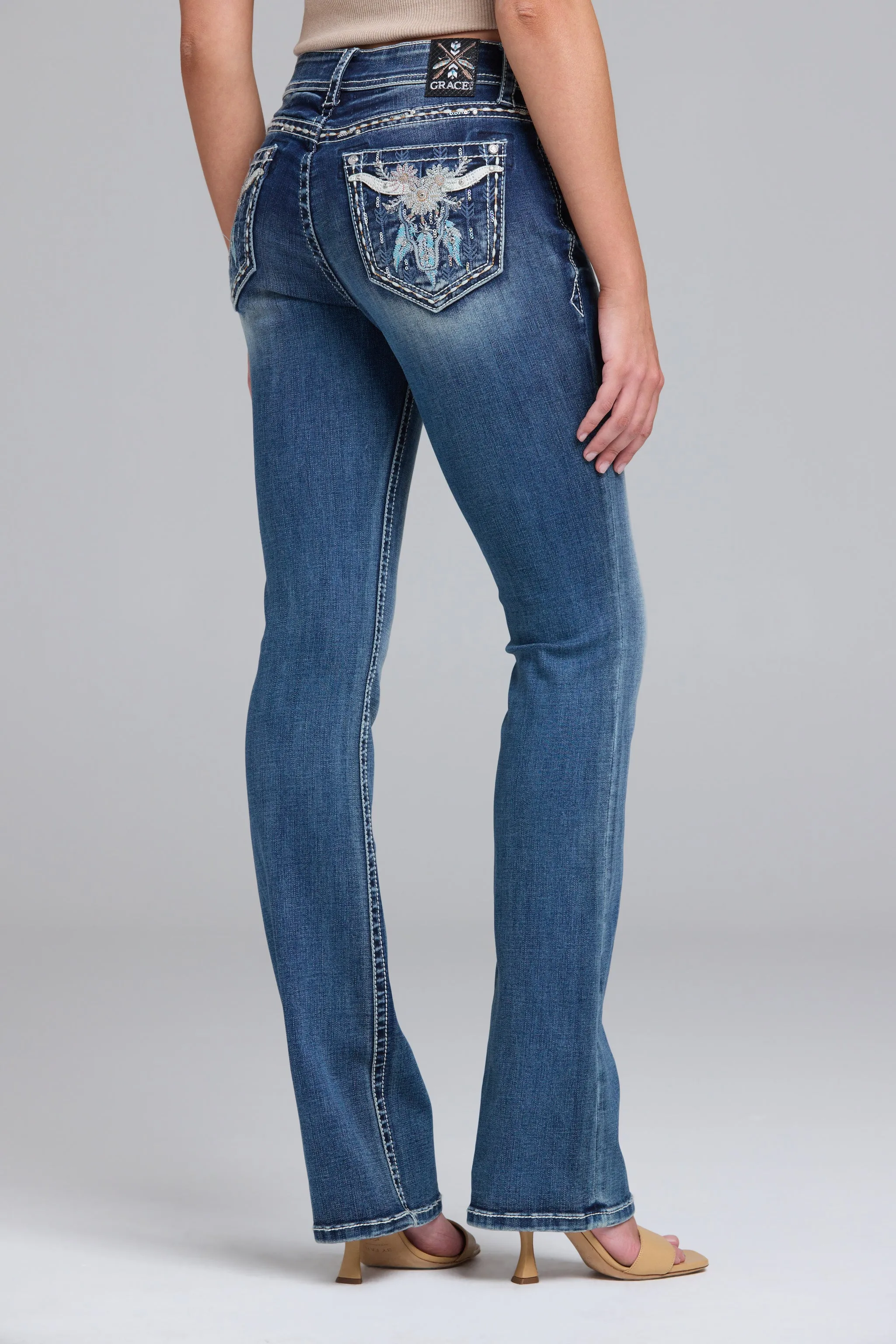 Steer Head/Floral Embroidered Bootcut Jeans sold by Grace in LA