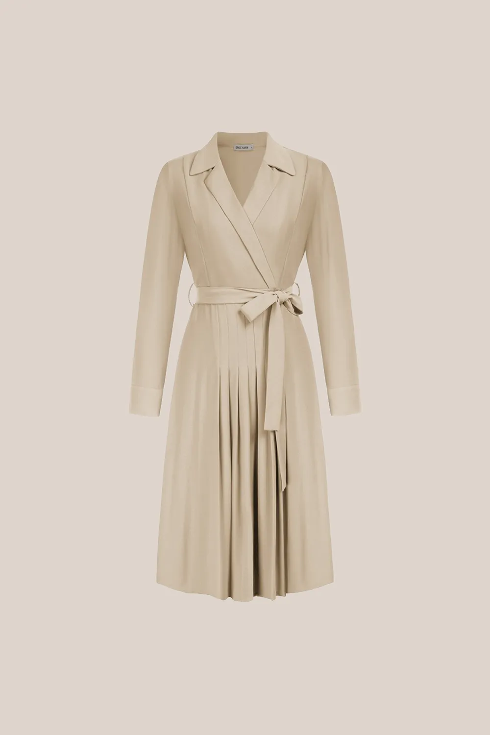 Lapel Collar Pleated Long Sleeve V-Neck Flared A-Line Dress - Apricot sold by Grace Karin product image thumbnail 2