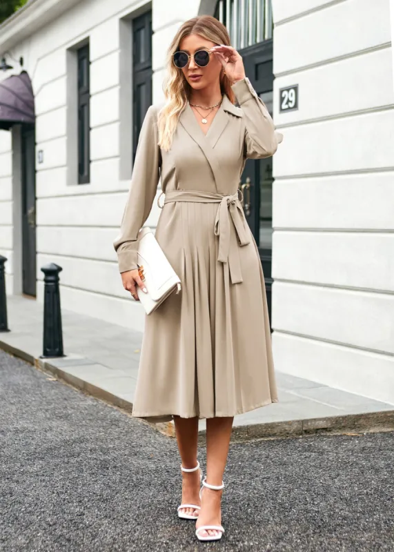 Lapel Collar Pleated Long Sleeve V-Neck Flared A-Line Dress - Apricot sold by Grace Karin