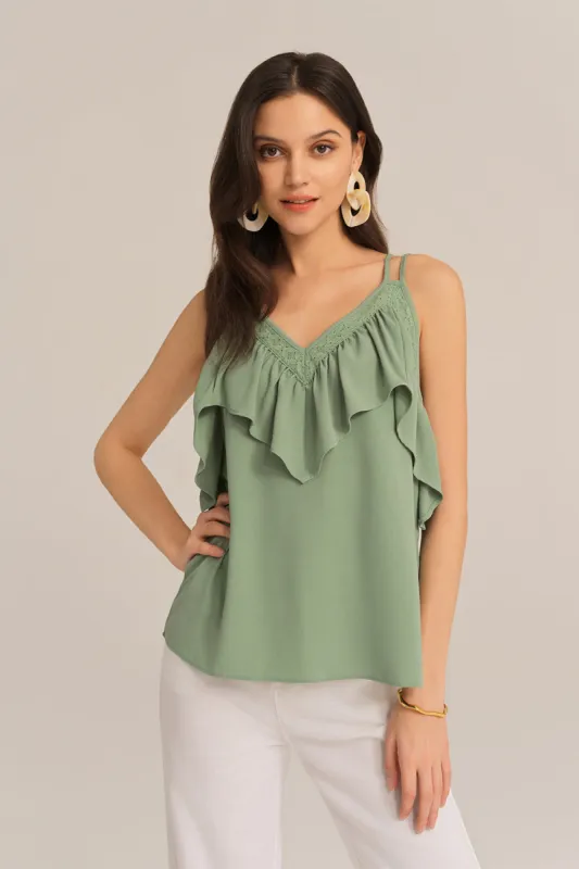 Dual Strap Ruffle Decorated V-Neck Cami-Tops made by Grace Karin