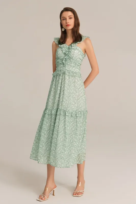 Halterneck Ruffle Decorated Flared Tiered Floral Midi Dress Dress - Green sold by Grace Karin