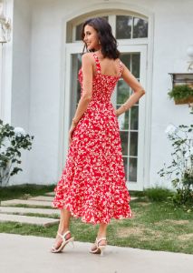 Square Neck Strapped Swing Floral Boho Long Maxi Dress - Red sold by Grace Karin