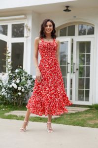 Square Neck Strapped Swing Floral Boho Long Maxi Dress - Red sold by Grace Karin