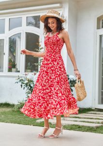 Square Neck Strapped Swing Floral Boho Long Maxi Dress - Red sold by Grace Karin