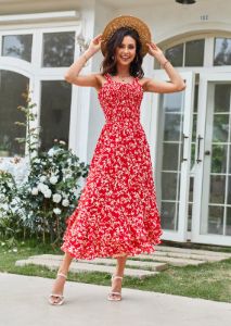 Square Neck Strapped Swing Floral Boho Long Maxi Dress - Red sold by Grace Karin