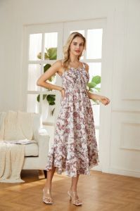 Square Neck Strapped Swing Floral Boho Long Maxi Dress - Brown sold by Grace Karin